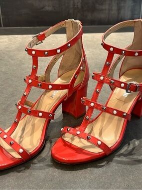 Napoleoni Italy Patent Leather Studded Gladiator Block Heel Sandals